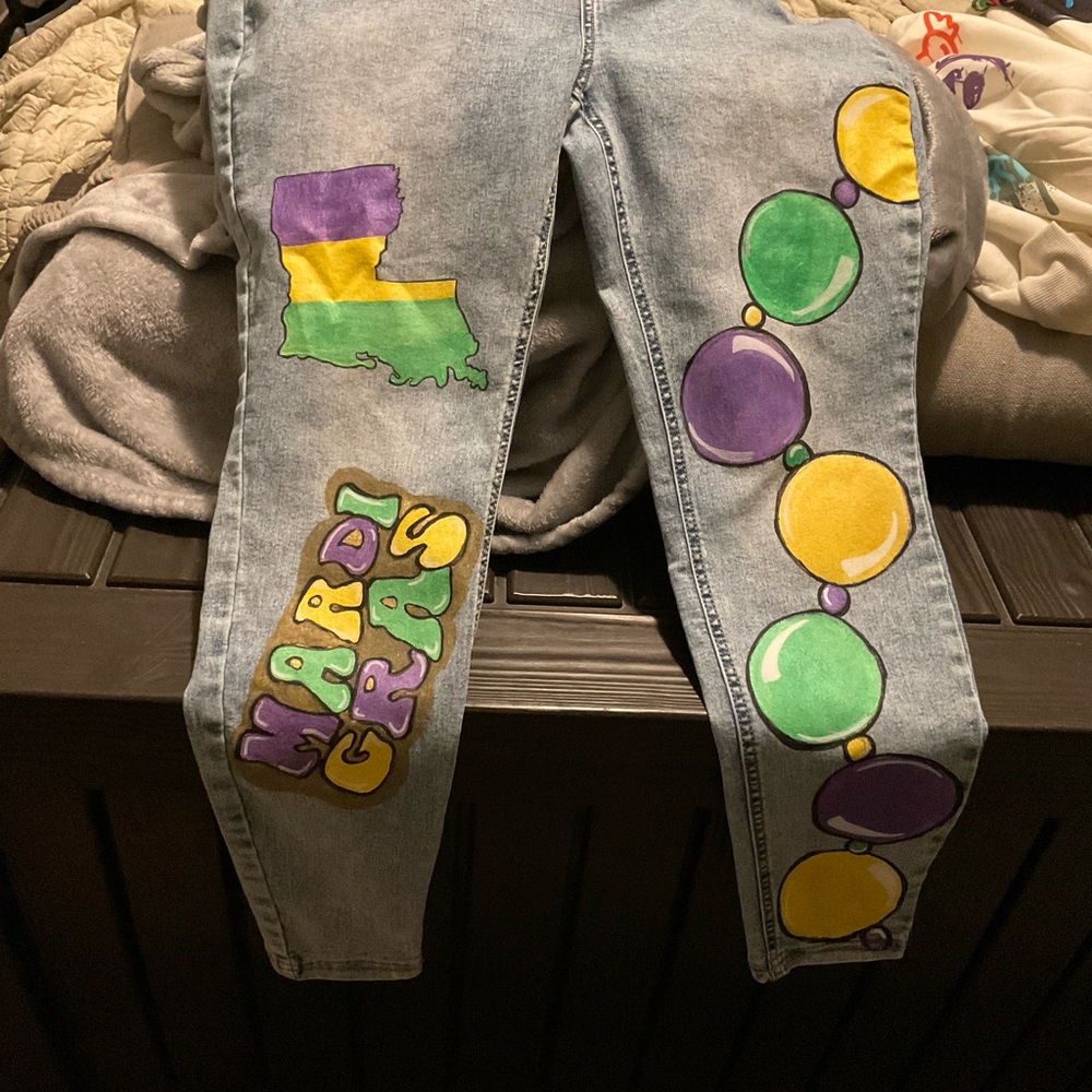 Mardi Gras painted jeans